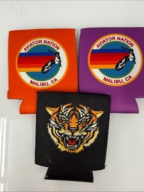 3 Aviator Nation Tiger black orange purple Can Cooler Coozie Malibu CA